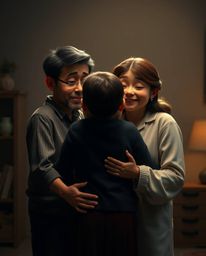 This high-resolution stock photo captures a heartfelt family reunion in a visually stunning Pixar-style setting. The image ut