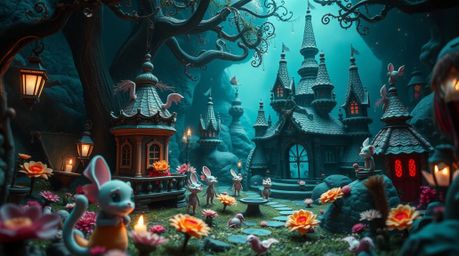 Immerse yourself in a rich, deep teal photograph showcasing a luxurious and vibrant fantasy kingdom teeming with quirky magic