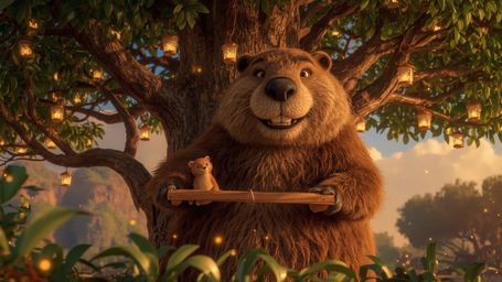 A highly detailed, high-resolution stock photo, reminiscent of Pixar's signature style, captures a cheerful beaver with shiny