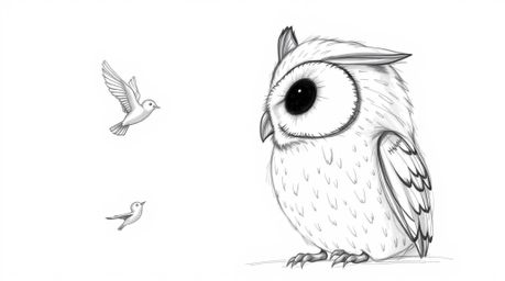 A charming, hand-drawn pencil sketch depicts a blind owl, rendered in a Pixar-inspired style, intently listening to the joyfu