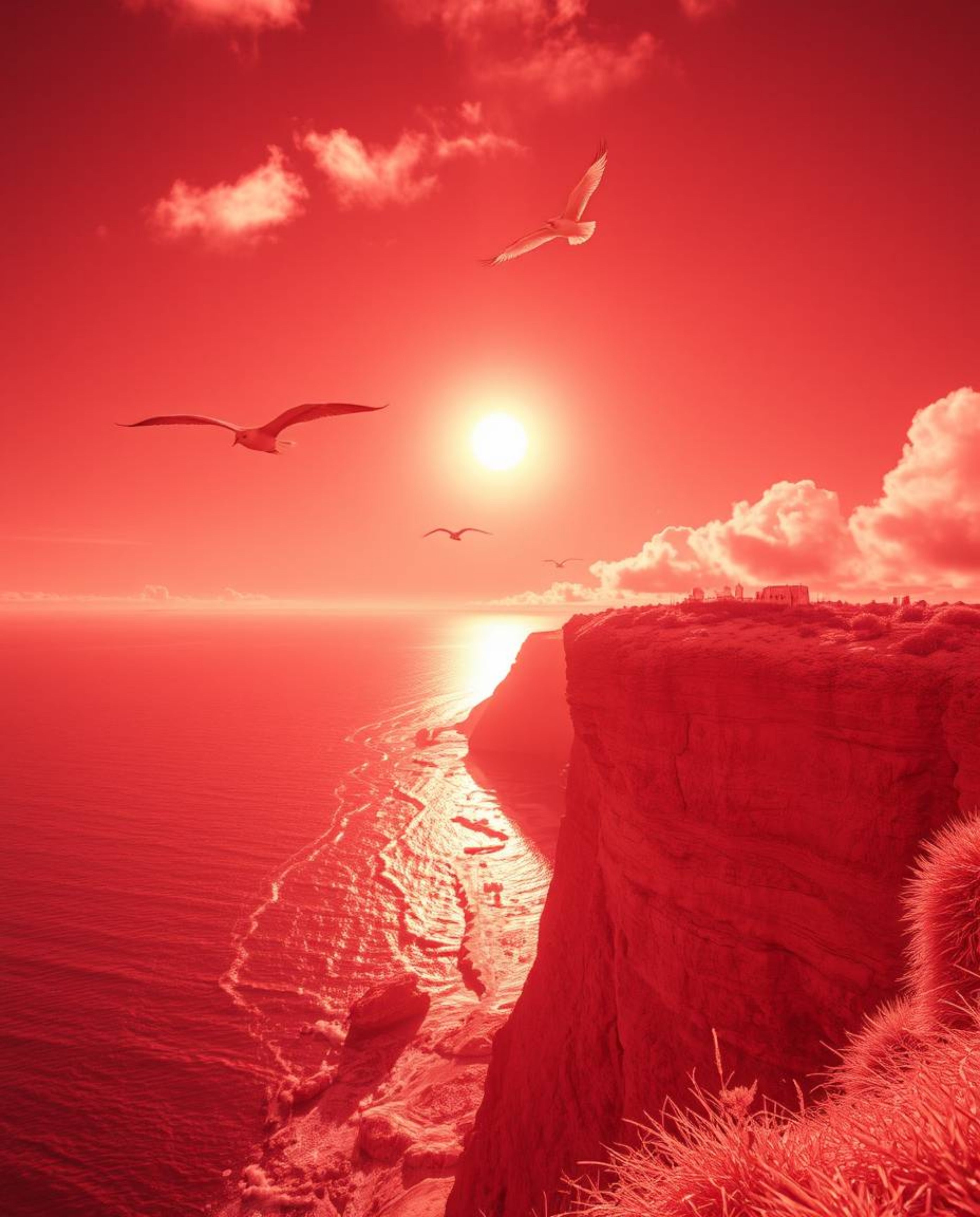 A surreal, high-contrast image captures a sunset over a coastal cliff, dramatically punctuated by soaring birds. The scene is