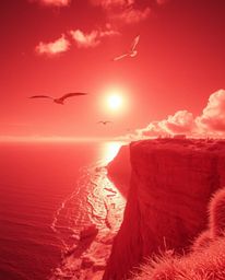 A surreal, high-contrast image captures a sunset over a coastal cliff, dramatically punctuated by soaring birds. The scene is
