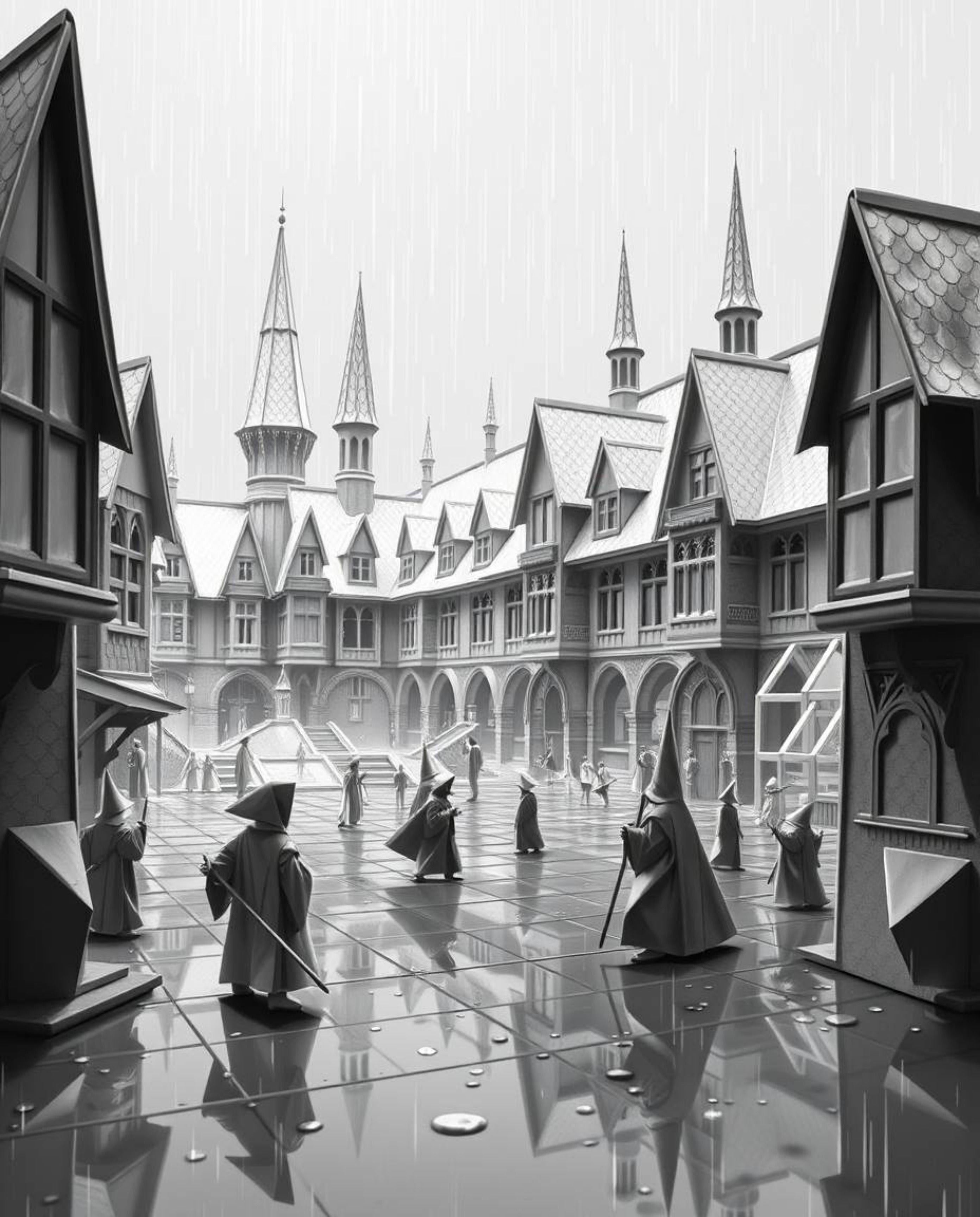 Discover a captivating image of a magical school brimming with young wizards, exquisitely crafted in a classic black and whit