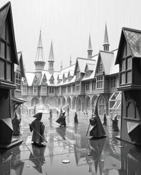 Discover a captivating image of a magical school brimming with young wizards, exquisitely crafted in a classic black and whit