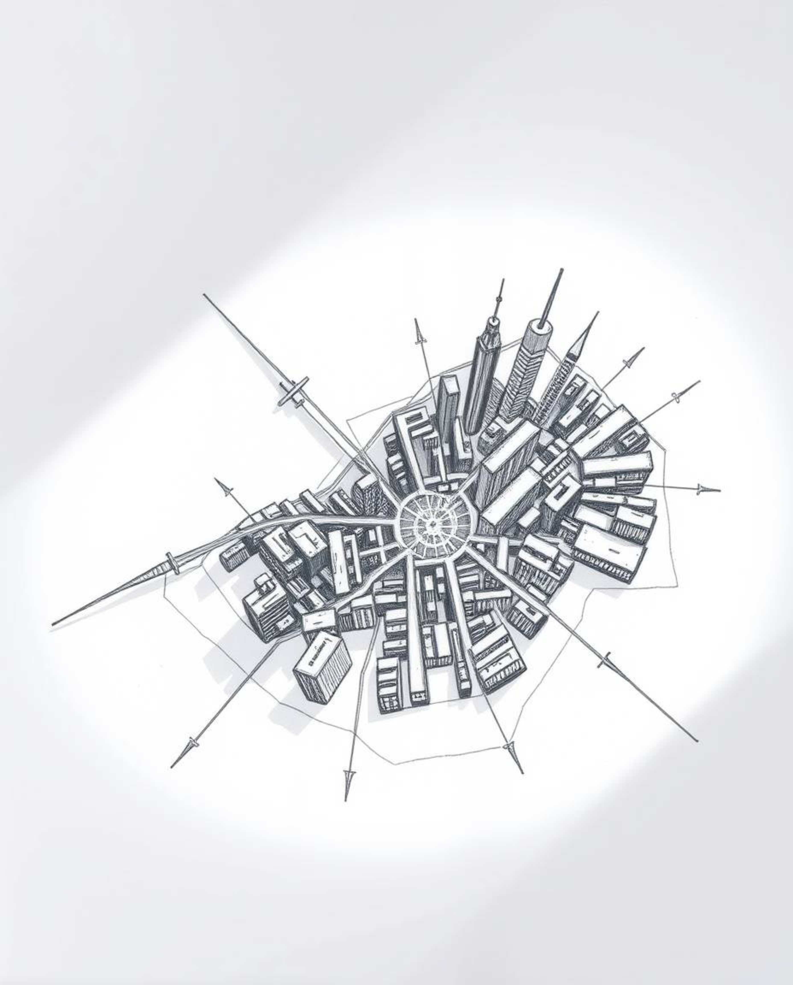 This hand-drawn sketch in silhouetted backlighting presents an abstract city map constructed from geometric shapes, viewed fr