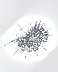 This hand-drawn sketch in silhouetted backlighting presents an abstract city map constructed from geometric shapes, viewed fr