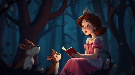 Experience a captivating vintage 2D animation featuring a princess enchanting forest animals with her song. Rendered in a dra