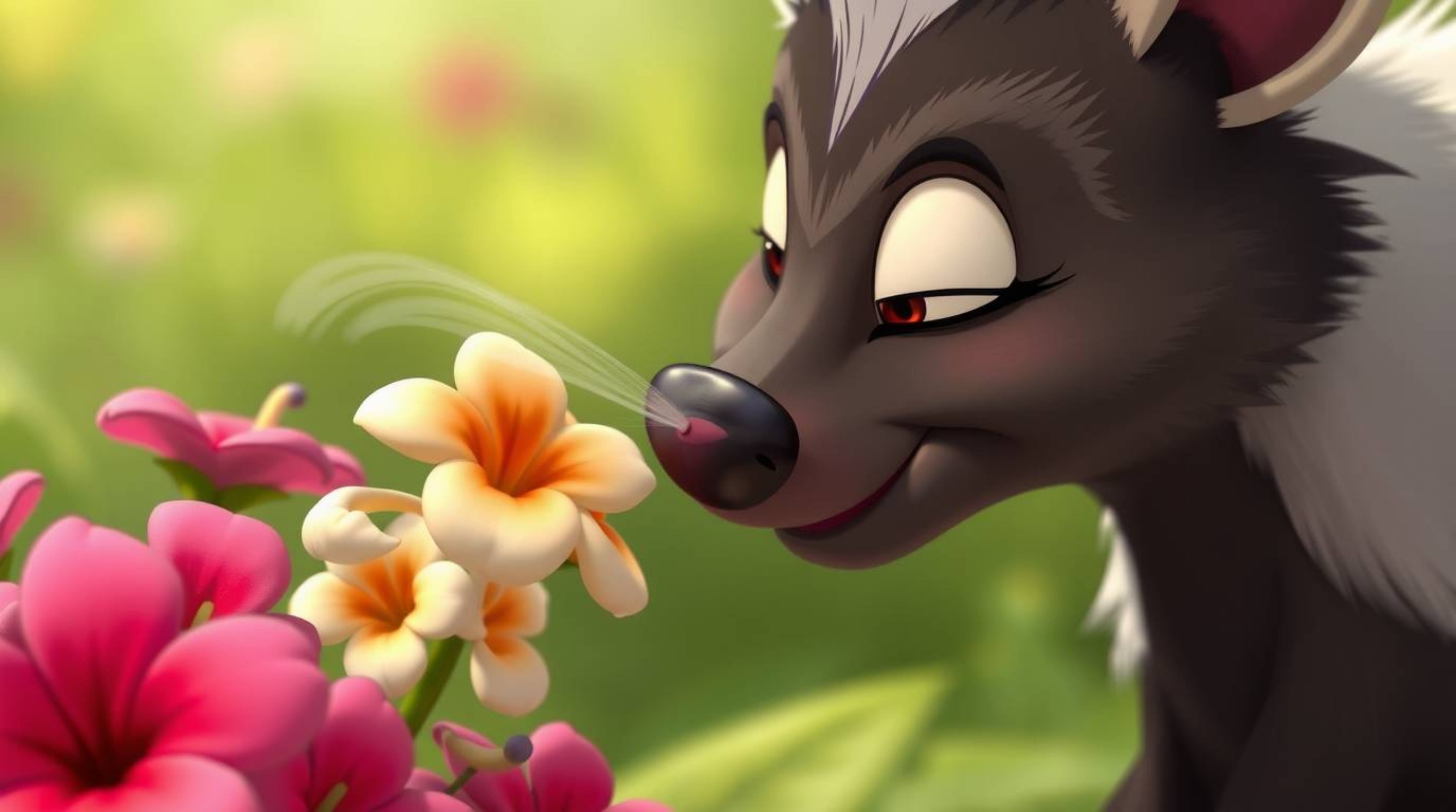 A delightful and whimsical scene captured in a close-up shot, showcasing a cartoon skunk spraying perfume onto a vibrant clus