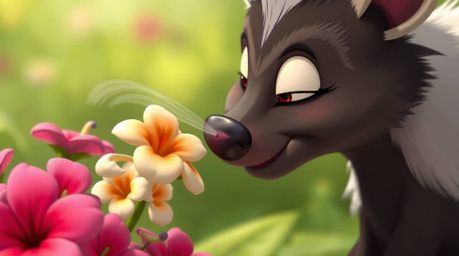 A delightful and whimsical scene captured in a close-up shot, showcasing a cartoon skunk spraying perfume onto a vibrant clus