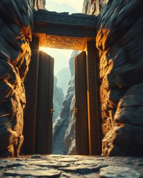 A captivating scene unfolds with a dynamic action pose showcasing an ancient stone doorway, pulsating with ethereal light and