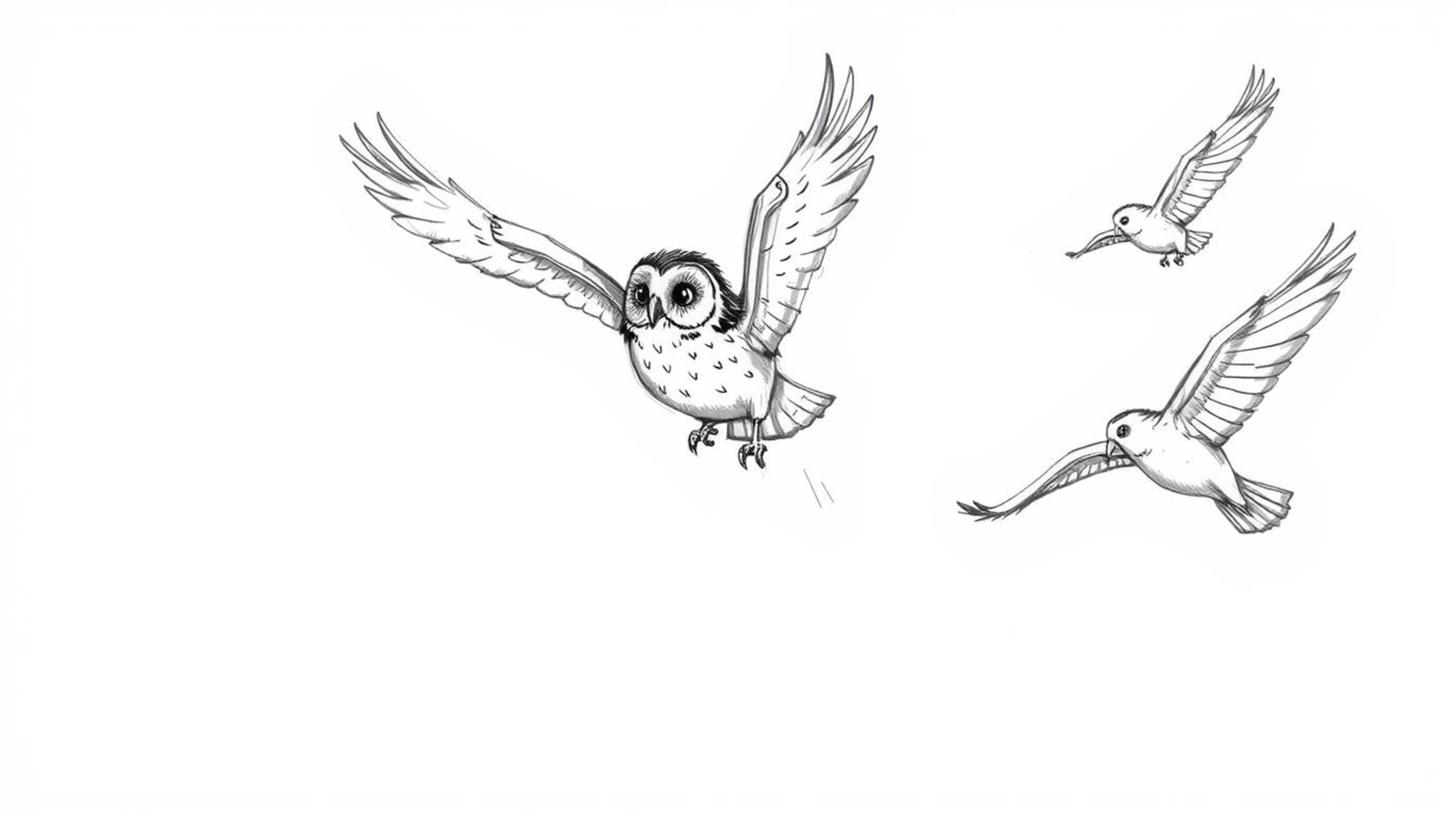 A charming Pixar-style hand-drawn sketch depicts a blind owl patiently teaching birds the art of flight.  The dynamic scene, 