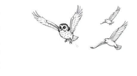 A charming Pixar-style hand-drawn sketch depicts a blind owl patiently teaching birds the art of flight.  The dynamic scene, 