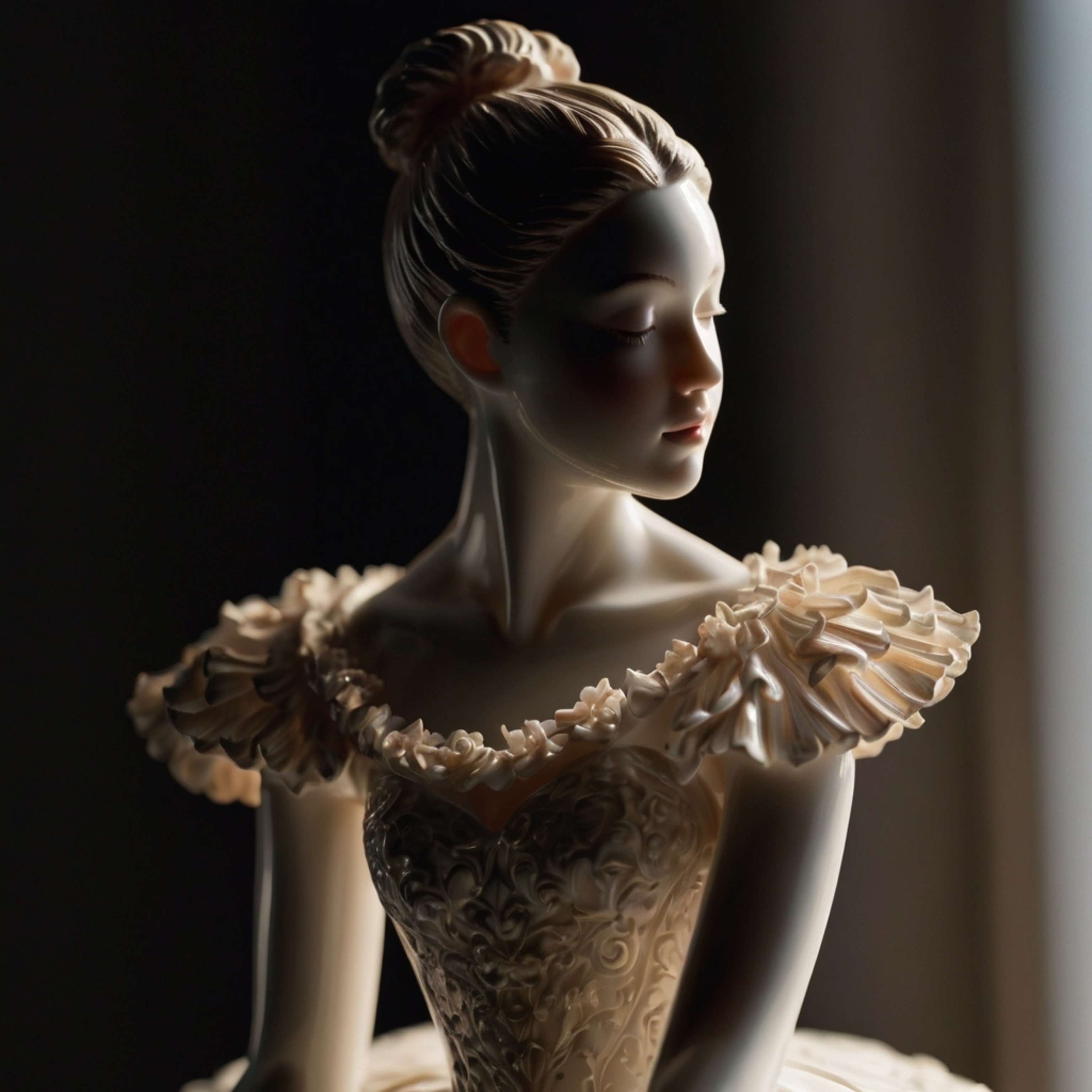This image showcases a detailed porcelain figurine of a ballerina, expertly captured with soft lighting that creates dramatic