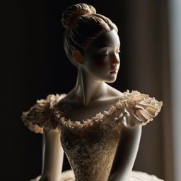 This image showcases a detailed porcelain figurine of a ballerina, expertly captured with soft lighting that creates dramatic