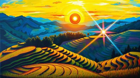This bright and bold acrylic painting captures a stunning sunset over picturesque rice terraces nestled in the mountains.  Th