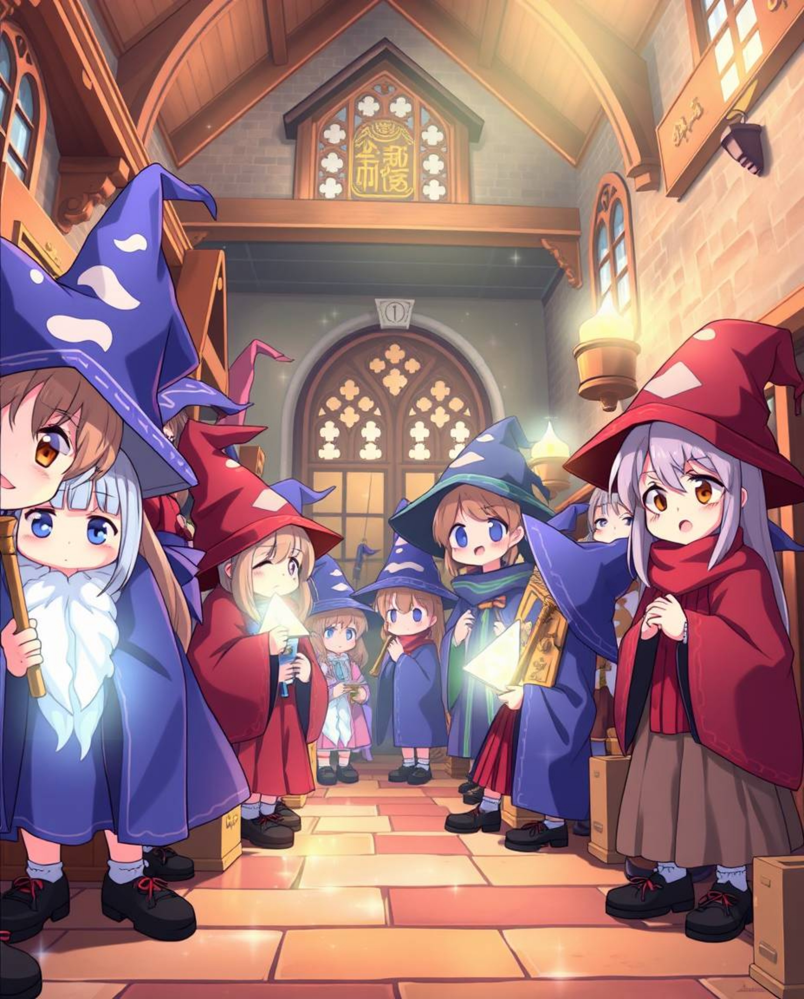 Experience the charm of an Isekai anime-style depiction of a magical school, brimming with adorable and cute young wizards. T