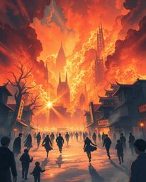 An isekai anime-style illustration depicting a city engulfed in flames, with people running in chaos. The expressive composit