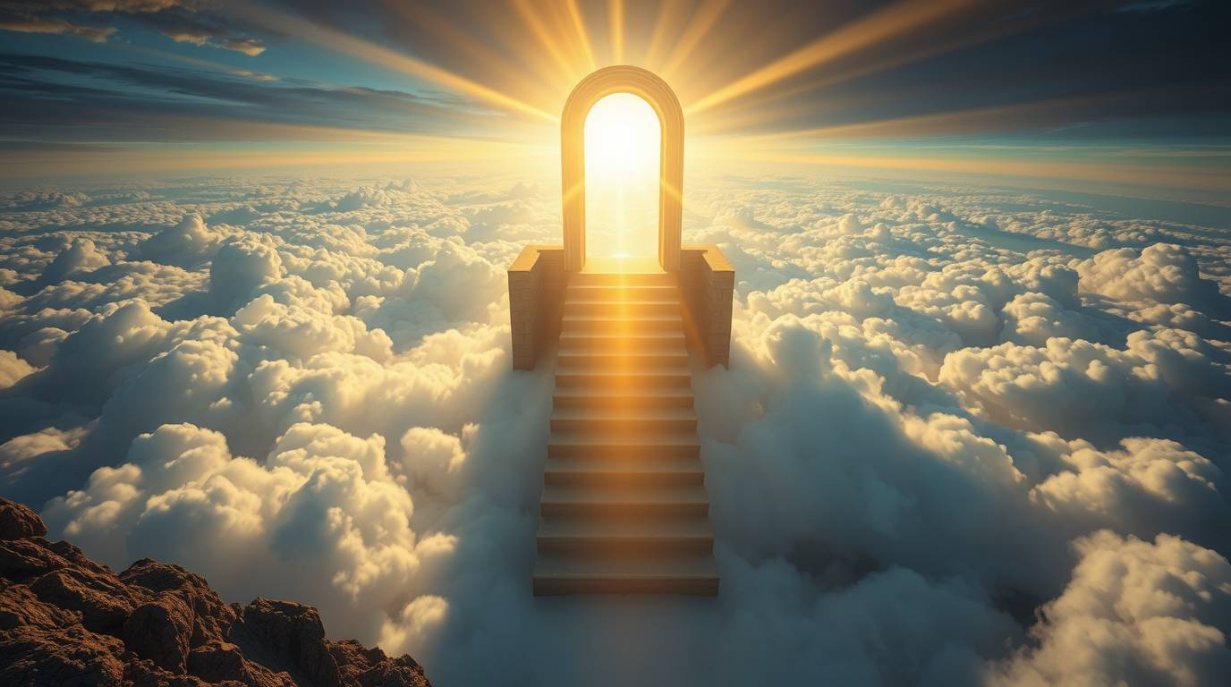 A breathtaking fantasy realism image depicting a heavenly gate floating serenely above the clouds, as seen from a high-angle 