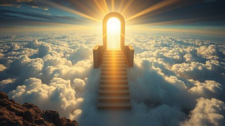 A breathtaking fantasy realism image depicting a heavenly gate floating serenely above the clouds, as seen from a high-angle 