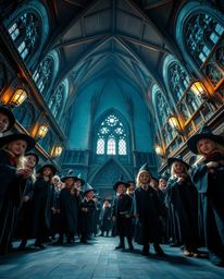 A high-resolution stock photo capturing the enchanting essence of a magical school brimming with young wizards. Shot from a d