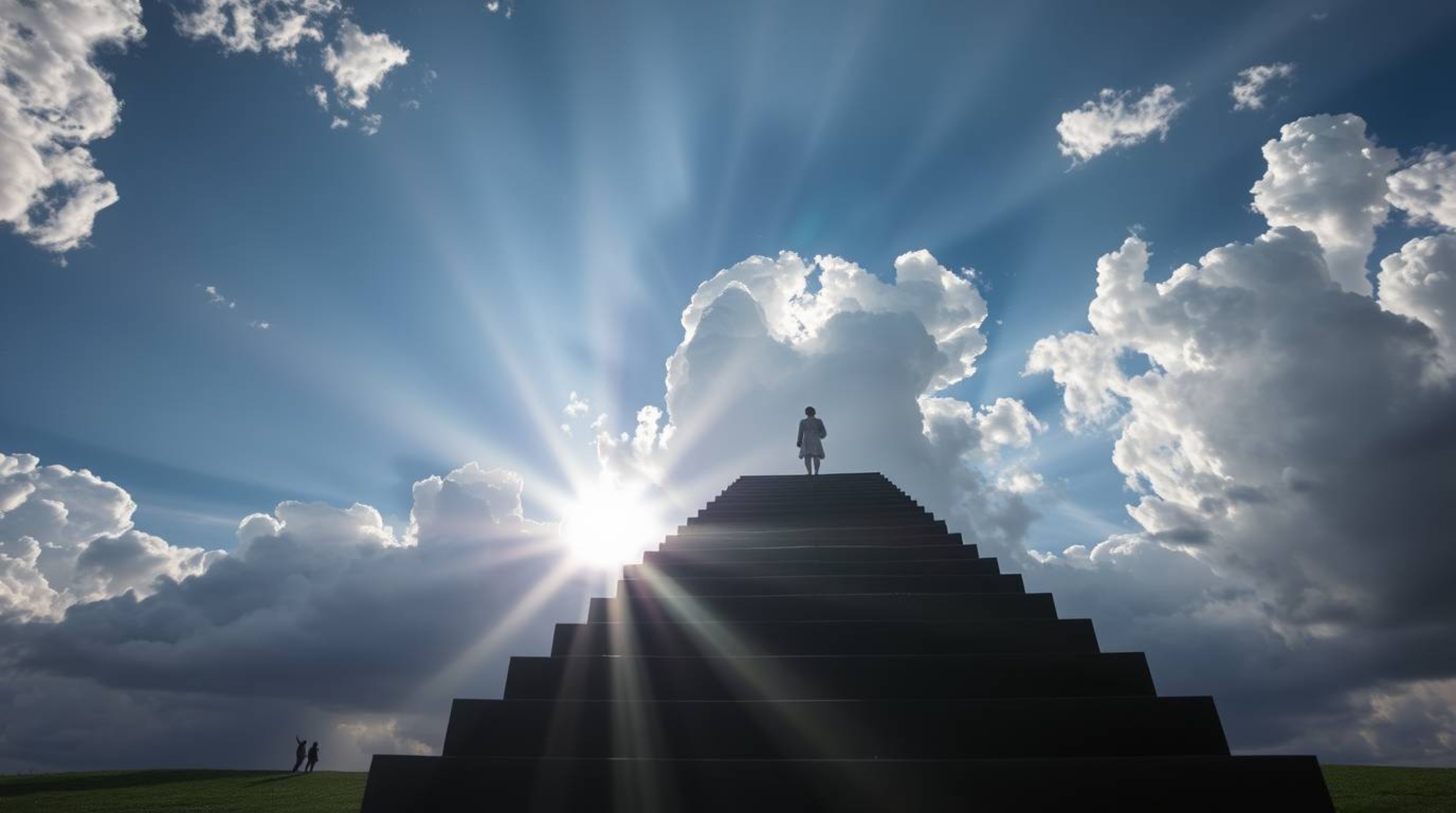 Experience a dreamlike vision of bright lens flares illuminating intense jet black steps of light ascending into a vibrant cl