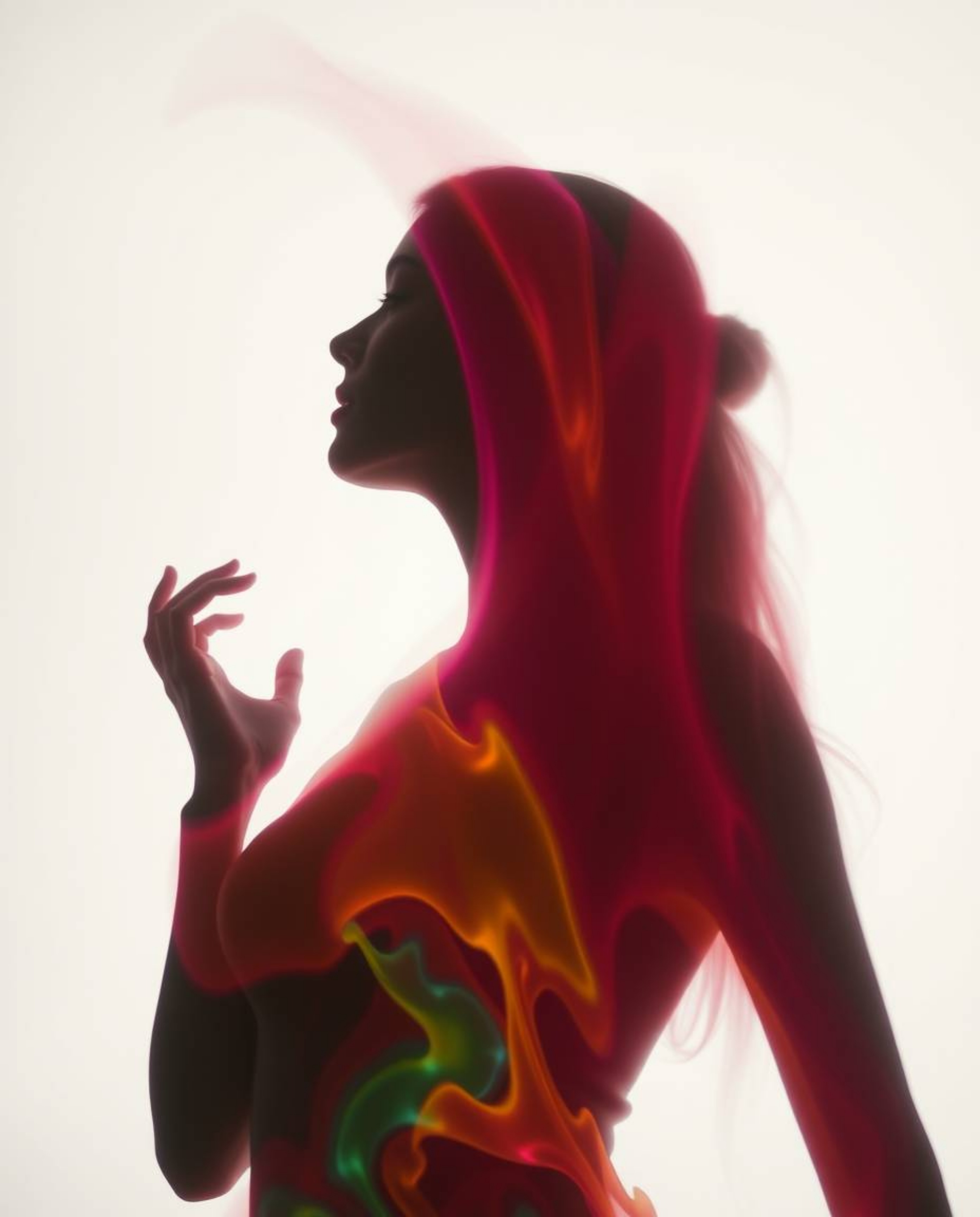 A captivating long exposure photograph showcasing colorful splash patterns coalescing into a human silhouette, rendered with 