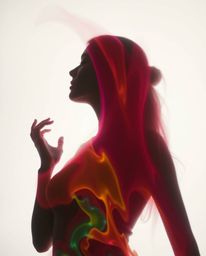 A captivating long exposure photograph showcasing colorful splash patterns coalescing into a human silhouette, rendered with 