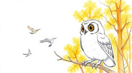 A heartwarming hand-drawn sketch depicts a blind owl, with gentle demeanor and soft plumage, patiently teaching a flock of bi