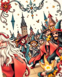 Immerse yourself in the enchanting world of wizards with this dynamic tattoo art print. Featuring a magical school teeming wi
