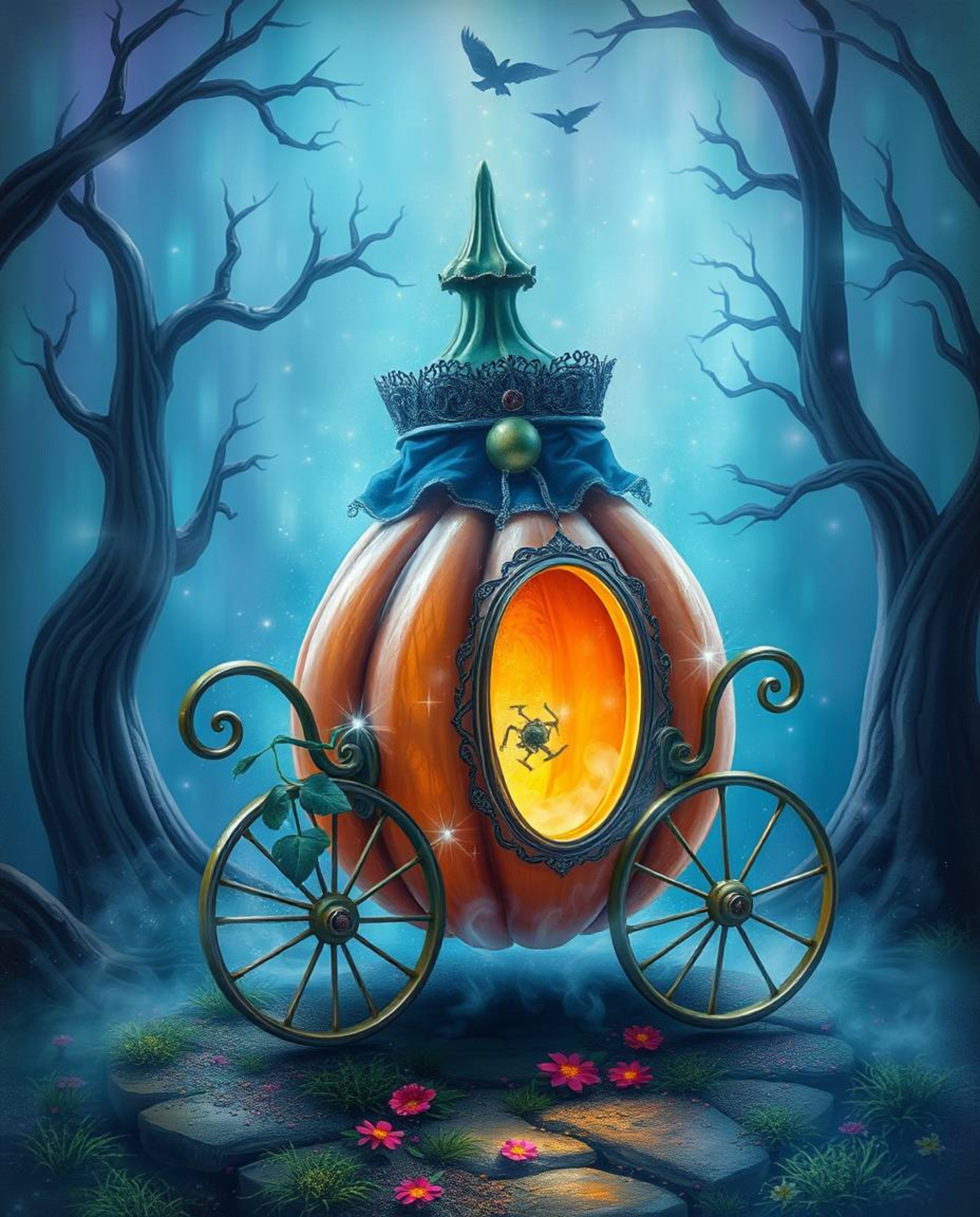 Immerse yourself in a dreamlike realm where a magical pumpkin undergoes a mesmerizing transformation into a carriage, bathed 