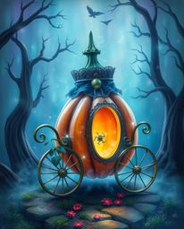 Immerse yourself in a dreamlike realm where a magical pumpkin undergoes a mesmerizing transformation into a carriage, bathed
