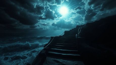 Experience an eerie and creepy atmosphere in this dramatic artwork featuring a staircase emerging from the ocean, reaching to