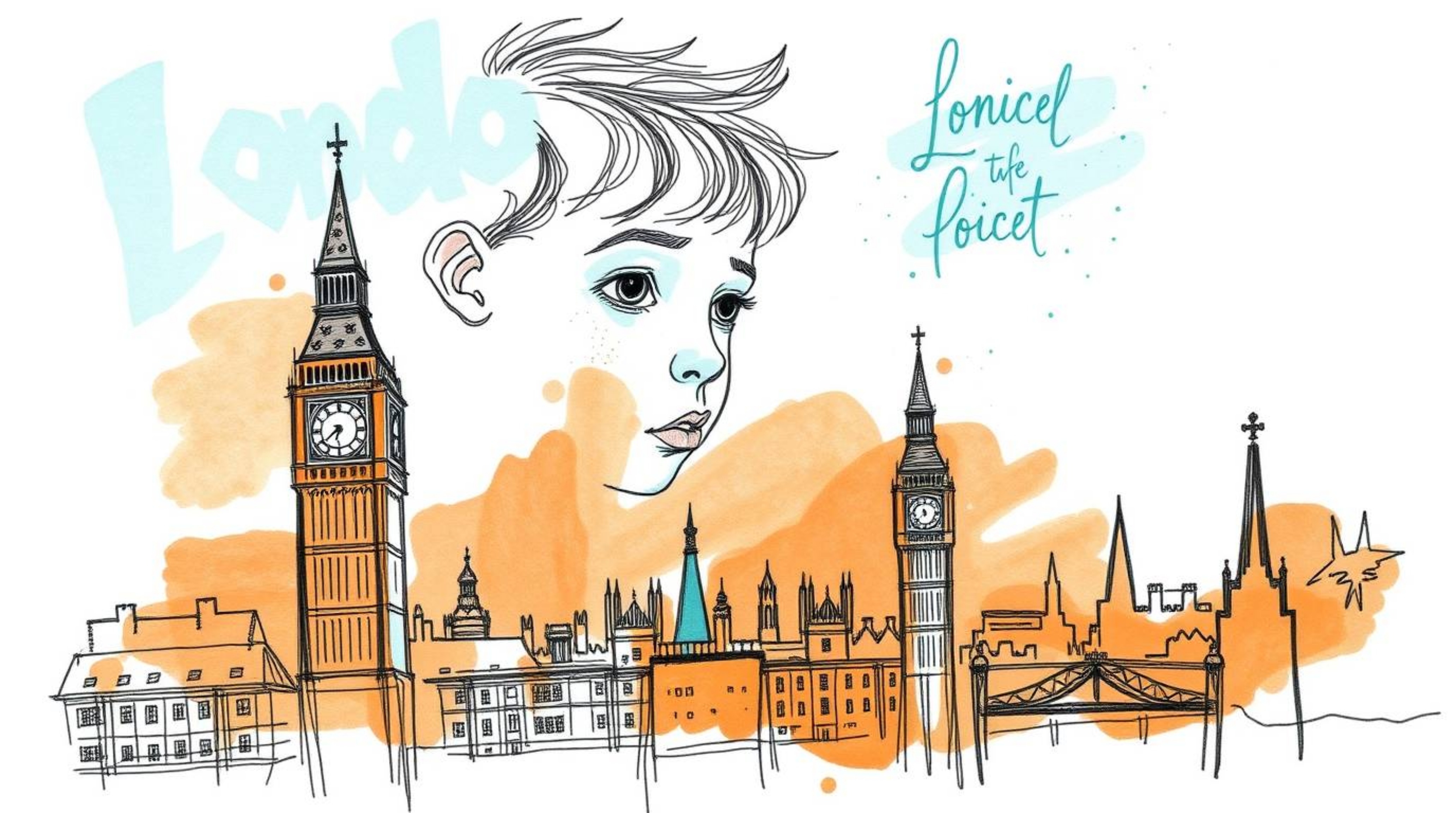 A captivating hand-drawn sketch depicts a young boy with pixie dust soaring above the London skyline.  The illustration featu