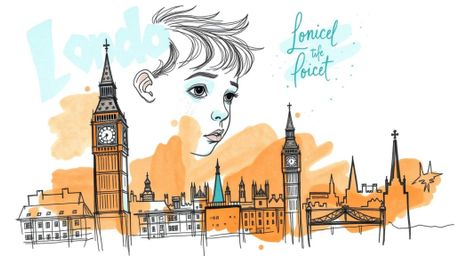 A captivating hand-drawn sketch depicts a young boy with pixie dust soaring above the London skyline.  The illustration featu