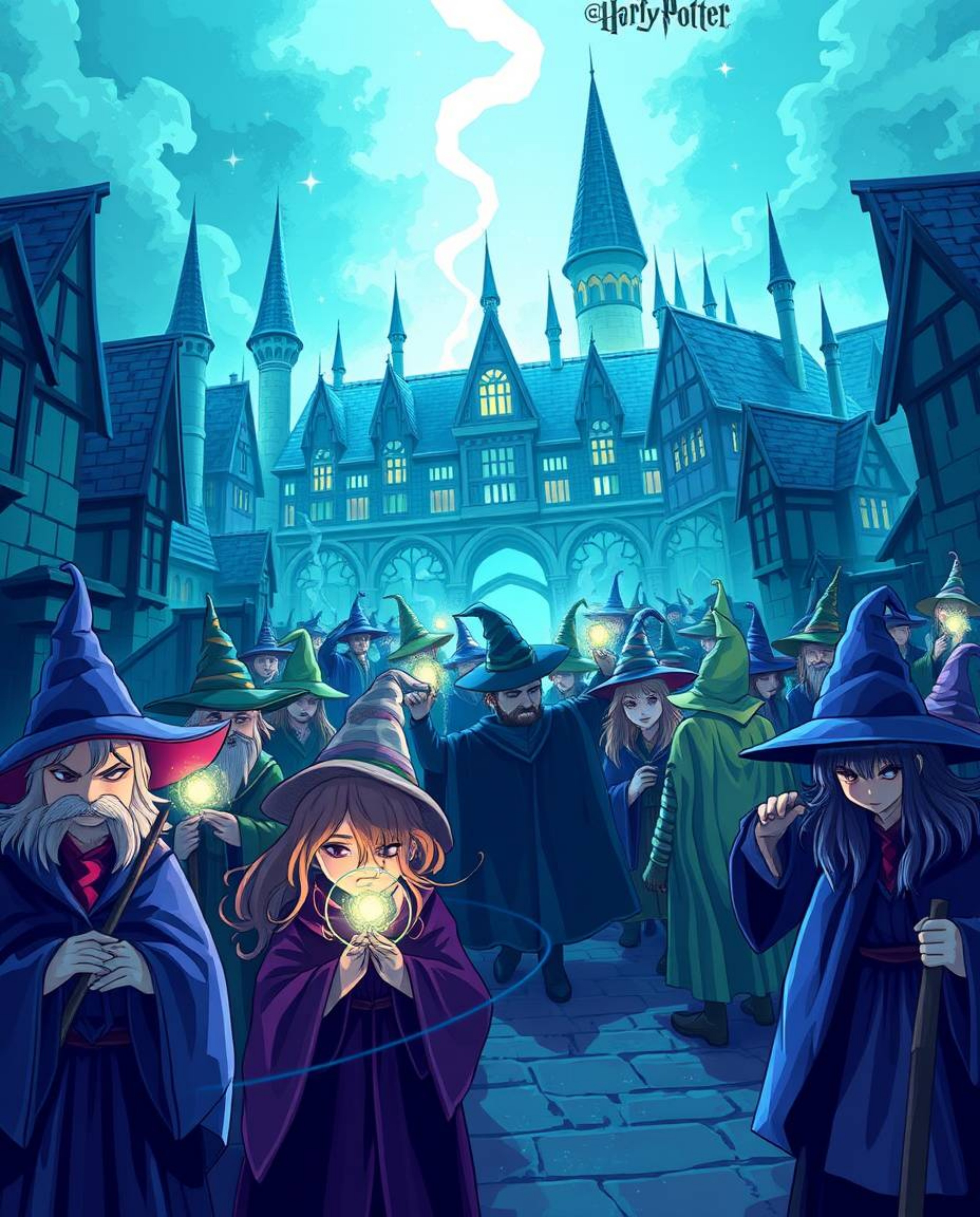 Discover a captivating digital artwork depicting a magical school brimming with young wizards.  Rendered in cool blues, green