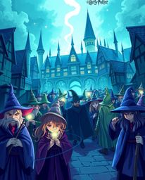 Discover a captivating digital artwork depicting a magical school brimming with young wizards.  Rendered in cool blues, green