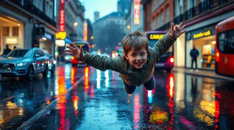 Experience a vibrant and energetic scene of a young boy soaring above London amidst a lively rain shower. Bright colors refle