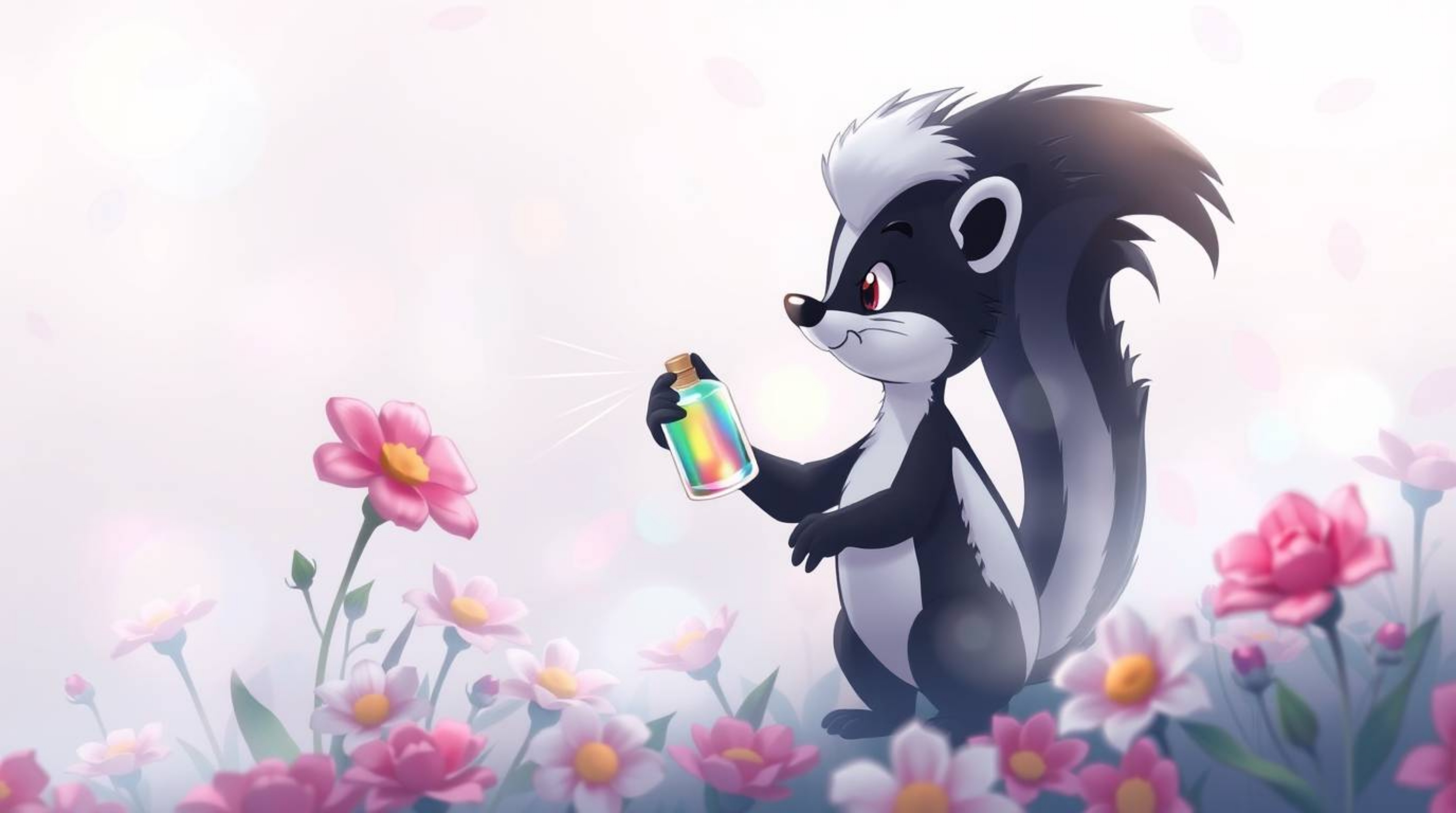 A charming cartoon skunk gracefully sprays perfume onto delicate flowers amidst a thick, foggy atmosphere. The scene is rende