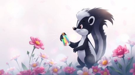 A charming cartoon skunk gracefully sprays perfume onto delicate flowers amidst a thick, foggy atmosphere. The scene is rende