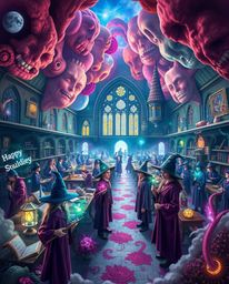 Explore a dreamlike and surreal depiction of a magical school teeming with young wizards. This image showcases vibrant, compl