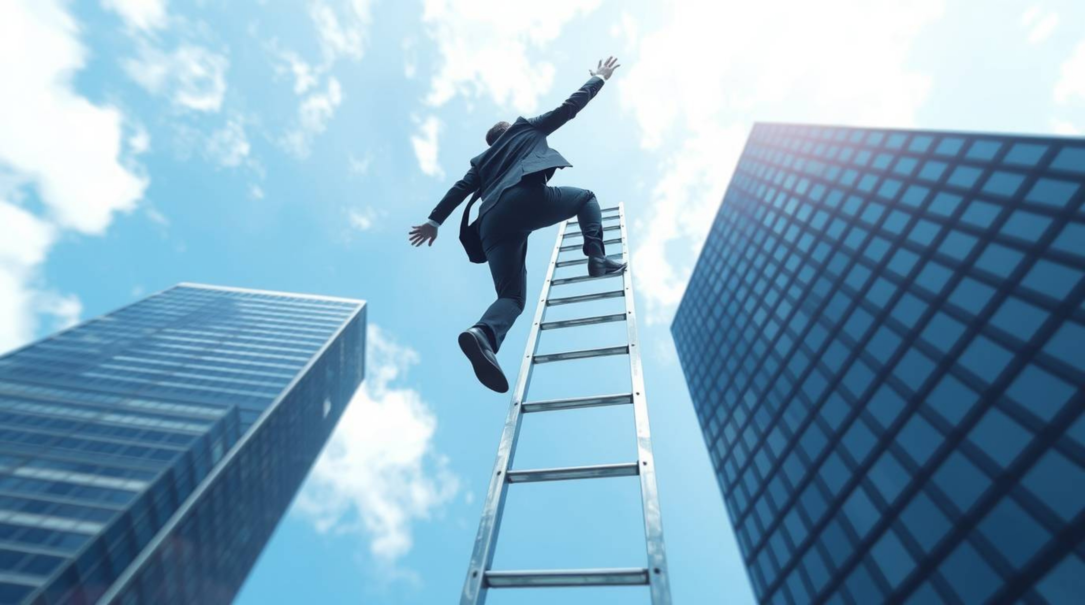 Visualize abstract success with a businessperson dynamically ascending a transparent ladder, vanishing into the vast blue sky
