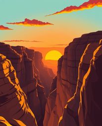 An elegant and graceful illustration captures sandstone cliffs in a canyon, illuminated by a brilliant sunset. The artwork is