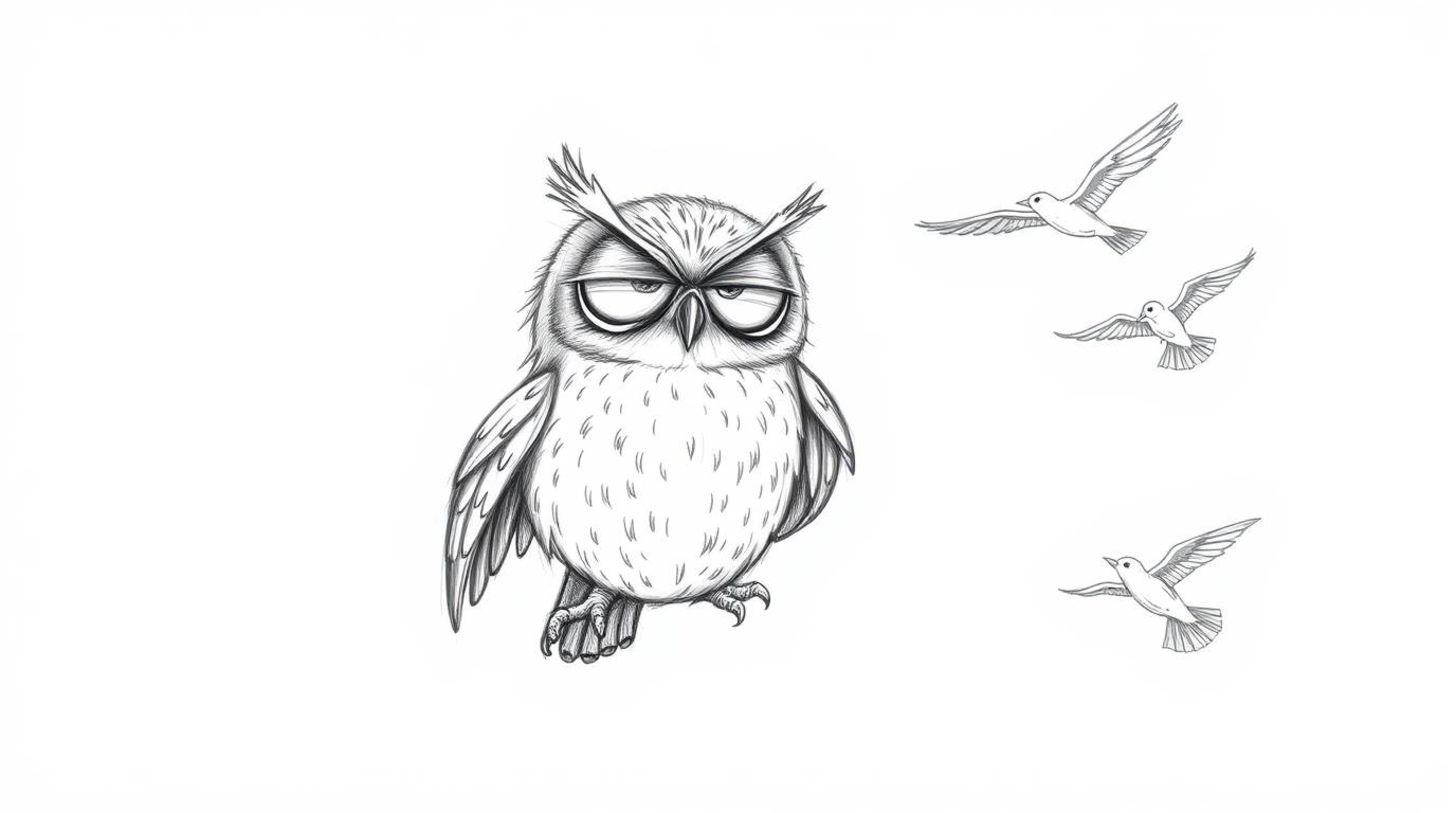 A captivating hand-drawn sketch in the style of Pixar, depicting a serene blind owl patiently teaching birds to fly.  The art
