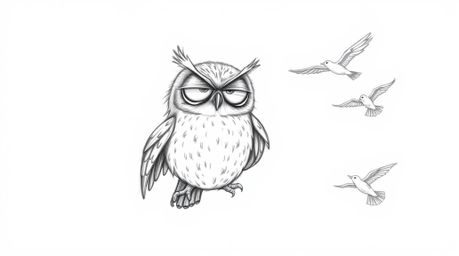 A captivating hand-drawn sketch in the style of Pixar, depicting a serene blind owl patiently teaching birds to fly.  The art