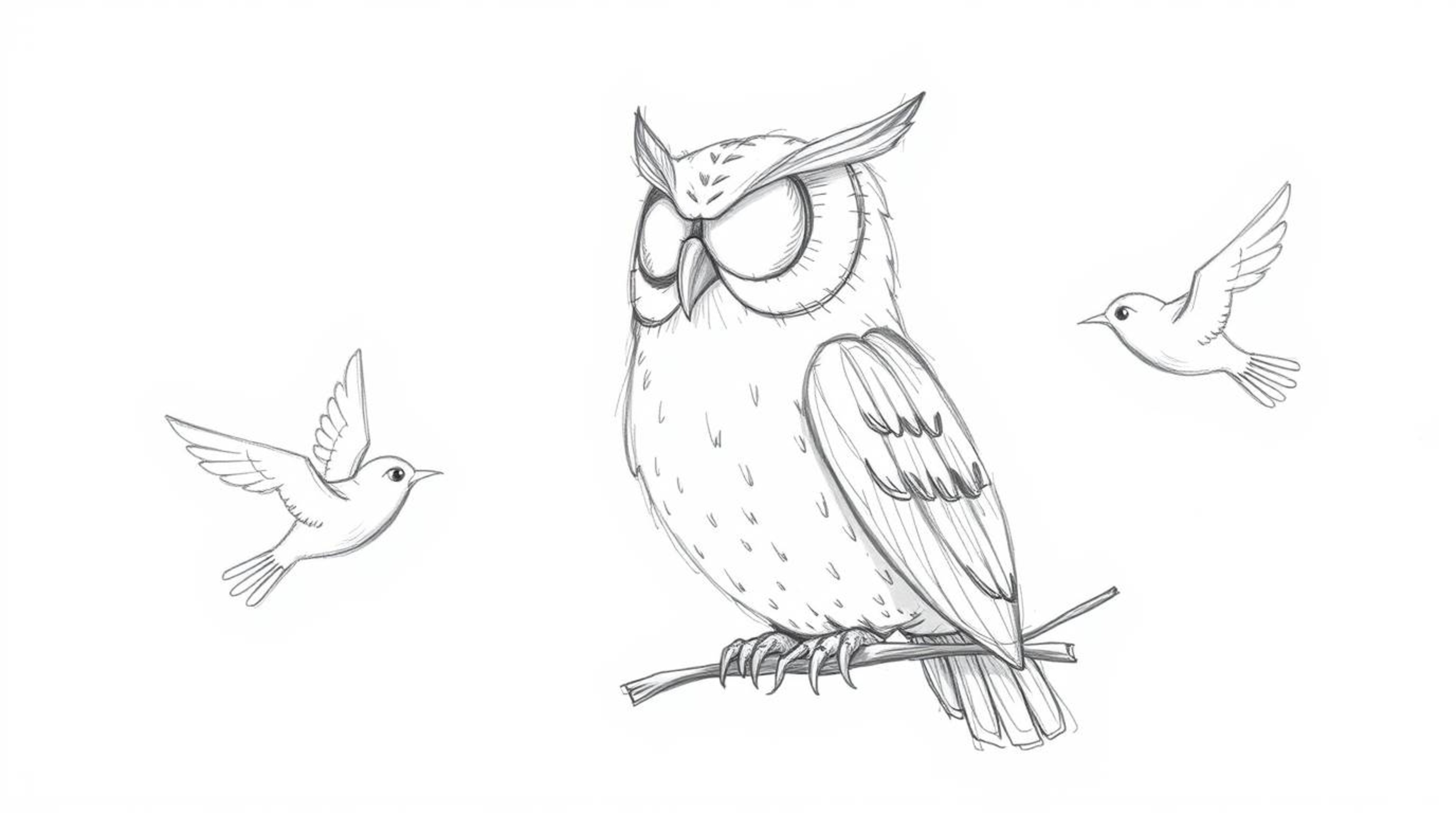 A captivating textured pencil sketch depicts a blind owl, rendered in a Pixar-esque style, guiding birds in their flight. The