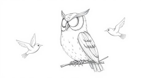 A captivating textured pencil sketch depicts a blind owl, rendered in a Pixar-esque style, guiding birds in their flight. The