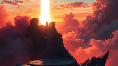Experience a captivating futuristic sci-fi digital painting featuring a lone figure ascending a weathered stone staircase tow