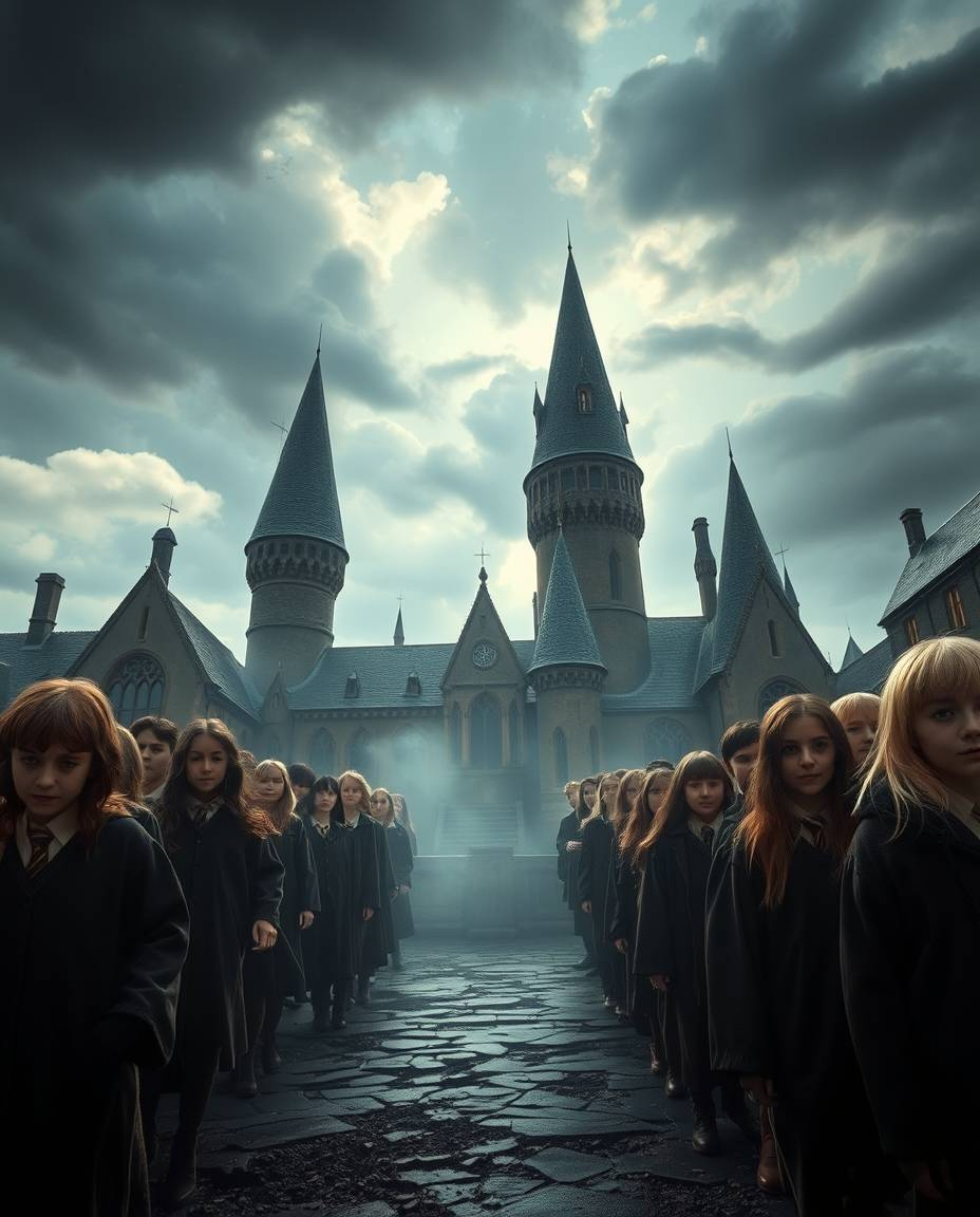 Experience the magic! This captivating photography showcases a magical school filled with young wizards, under intense dramat