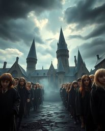 Experience the magic! This captivating photography showcases a magical school filled with young wizards, under intense dramat