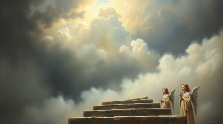 A moody, low-contrast oil painting captures a scene of ethereal beauty. Steps of light ascend into a cloudy sky, while serene